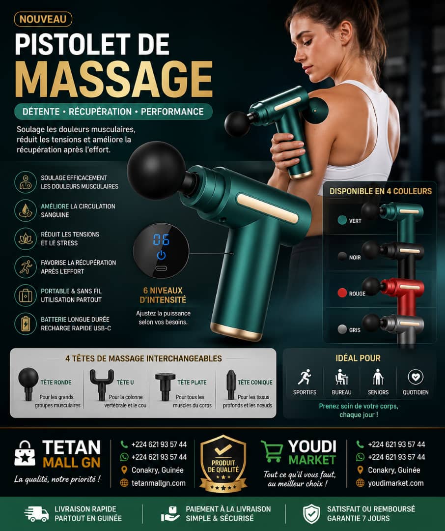 Pistolet de Massage Musculaire Sans Fil – 6 Niveaux & 4 Têtes Interchangeables