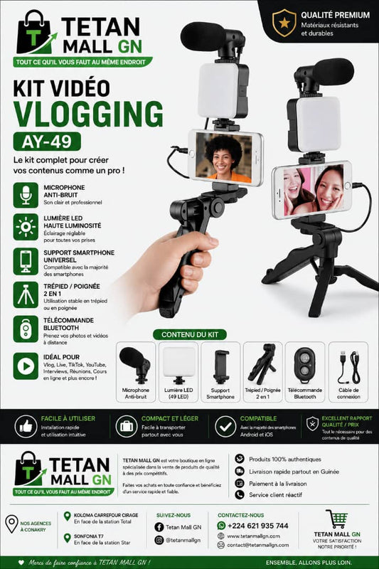 Kit de Vlogging AY-49 – Microphone, Lumière LED & Trépied pour Smartphone