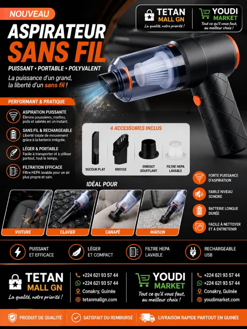Aspirateur Sans Fil Portable – Puissant, Rechargeable & Multi-Usage