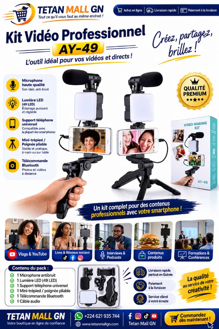Kit de Vlogging AY-49 – Microphone, Lumière LED & Trépied pour Smartphone