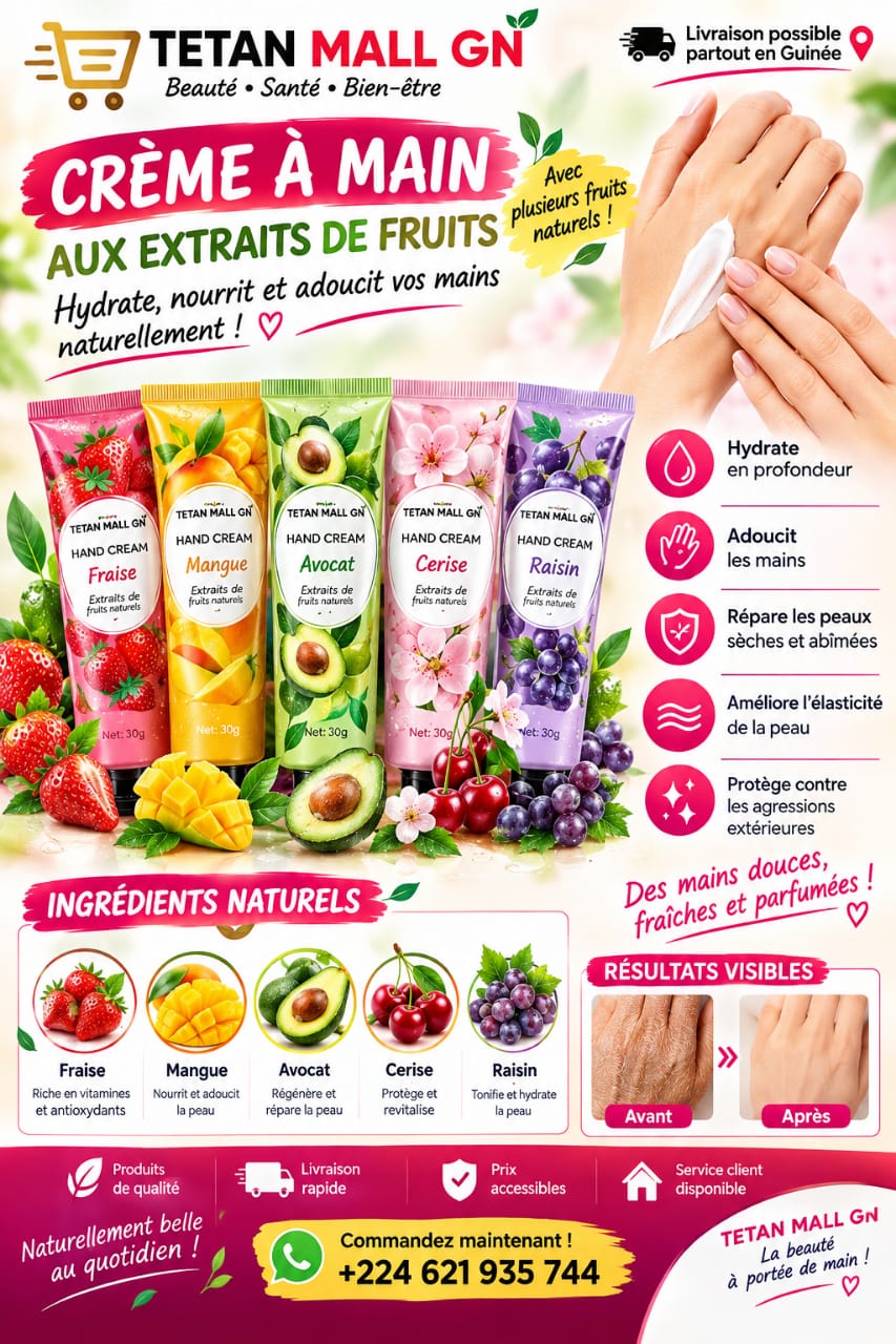 Crème Mains Hydratante Parfumée 30 g – Extraits de Fruits et Plantes pour des Mains Douces et Éclatantes