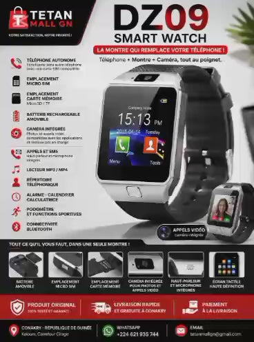 Montre Intelligente DZ09 Smart Watch – Bluetooth, Carte SIM, Caméra et Carte Mémoire